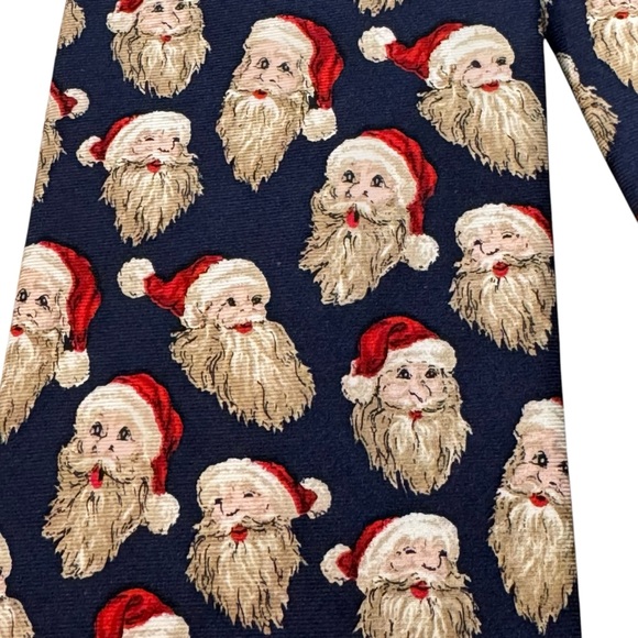 Lands' End SANTA Faces Neck Tie Holiday Navy Blue Silk 58" made in USA Christmas - Picture 2 of 4